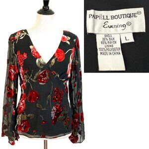 Papell Boutique Y2K  Silk Blend Burnout Velvet Babydoll Blouse Top Sz L